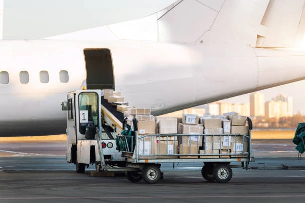 Air cargo shipment being loaded onto a cargo aircraft, air freight from Surabaya